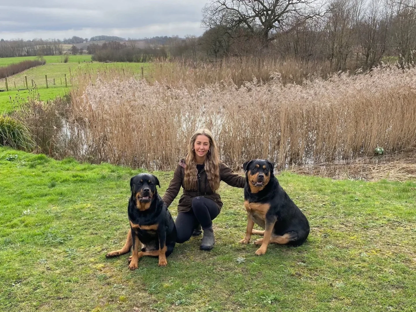 A woman is kneeling on grass between two large black and tan dogs in front of tall reeds with a rural landscape in the background.
